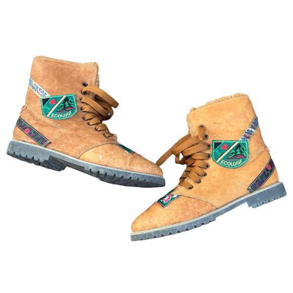 I Love Ecology Sherpa Lined Tan Brown Green Patches Combat Lace Up Boots sz 7.5 - Picture 2 of 8
